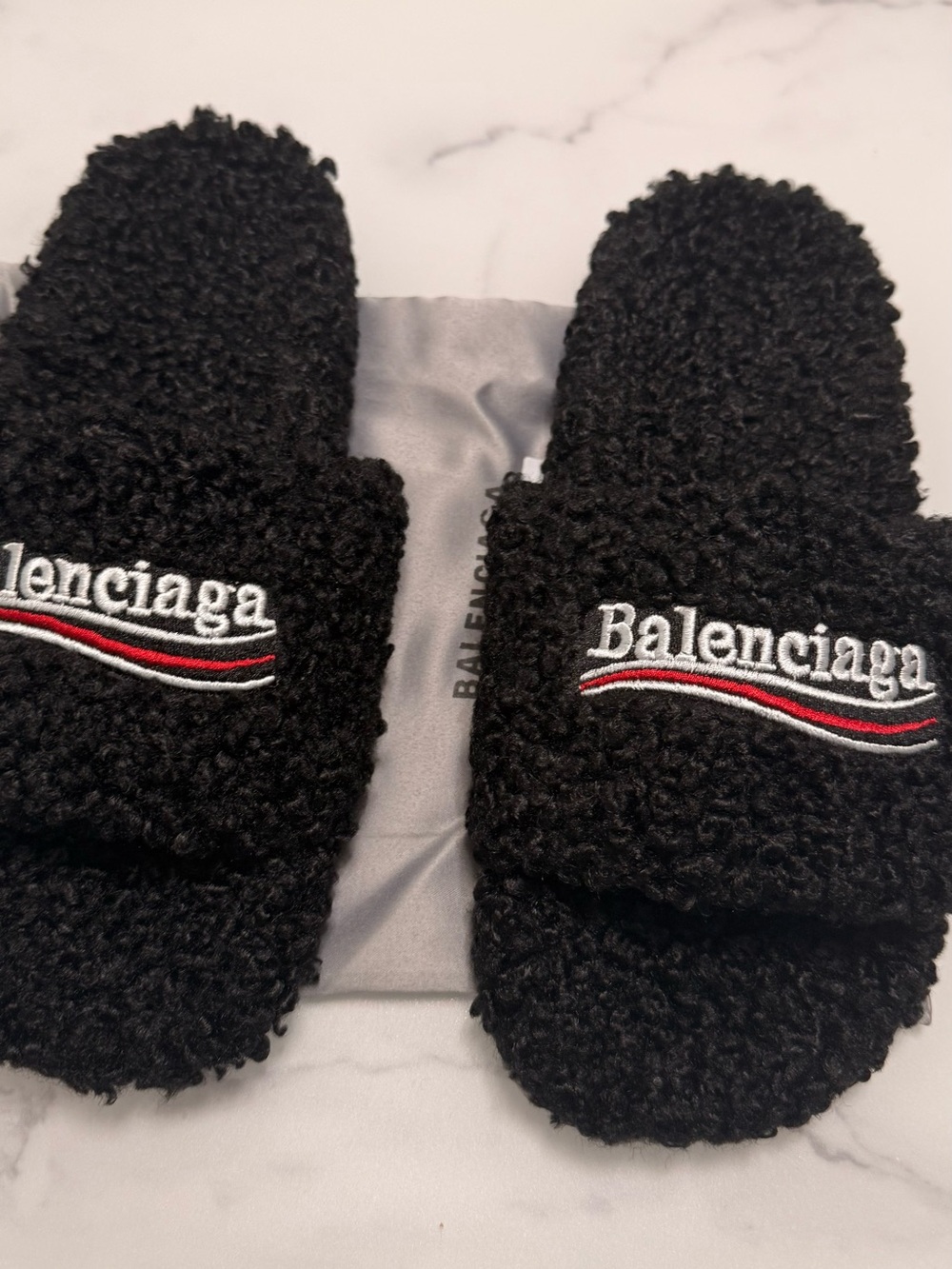 Balenciaga Black Sherpa Slide Sandals with Red & White Logo Stripe - Picture 4 of 7